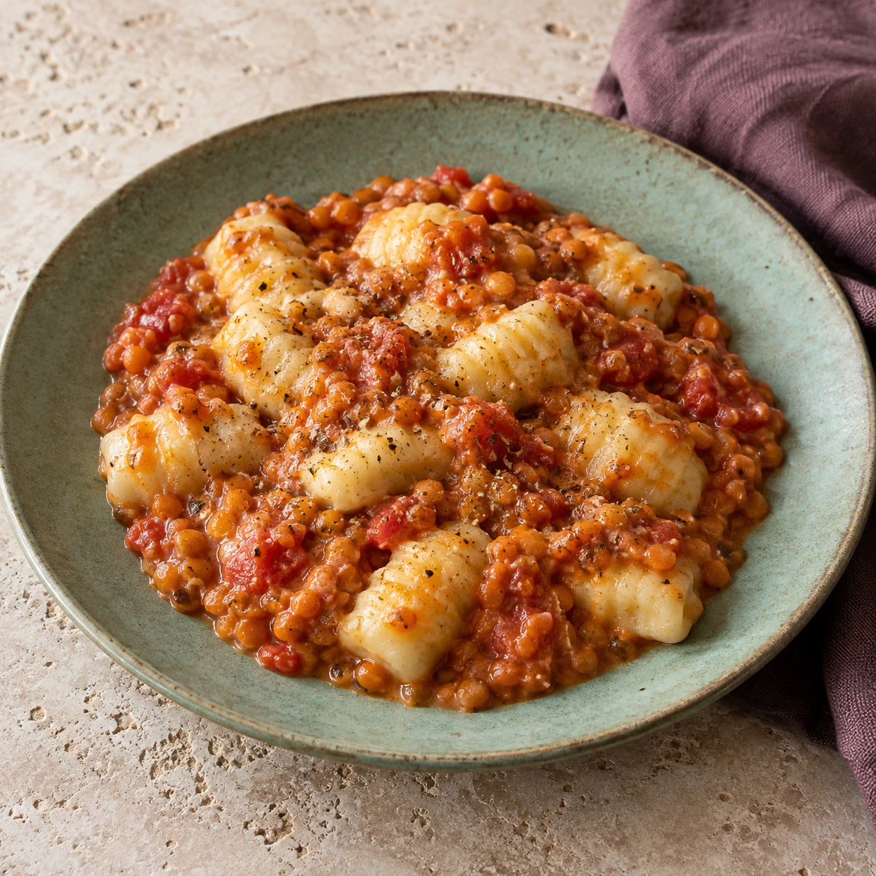 Potato Gnocchi with Tomato, Red Lentil, and Cheddar Sauce