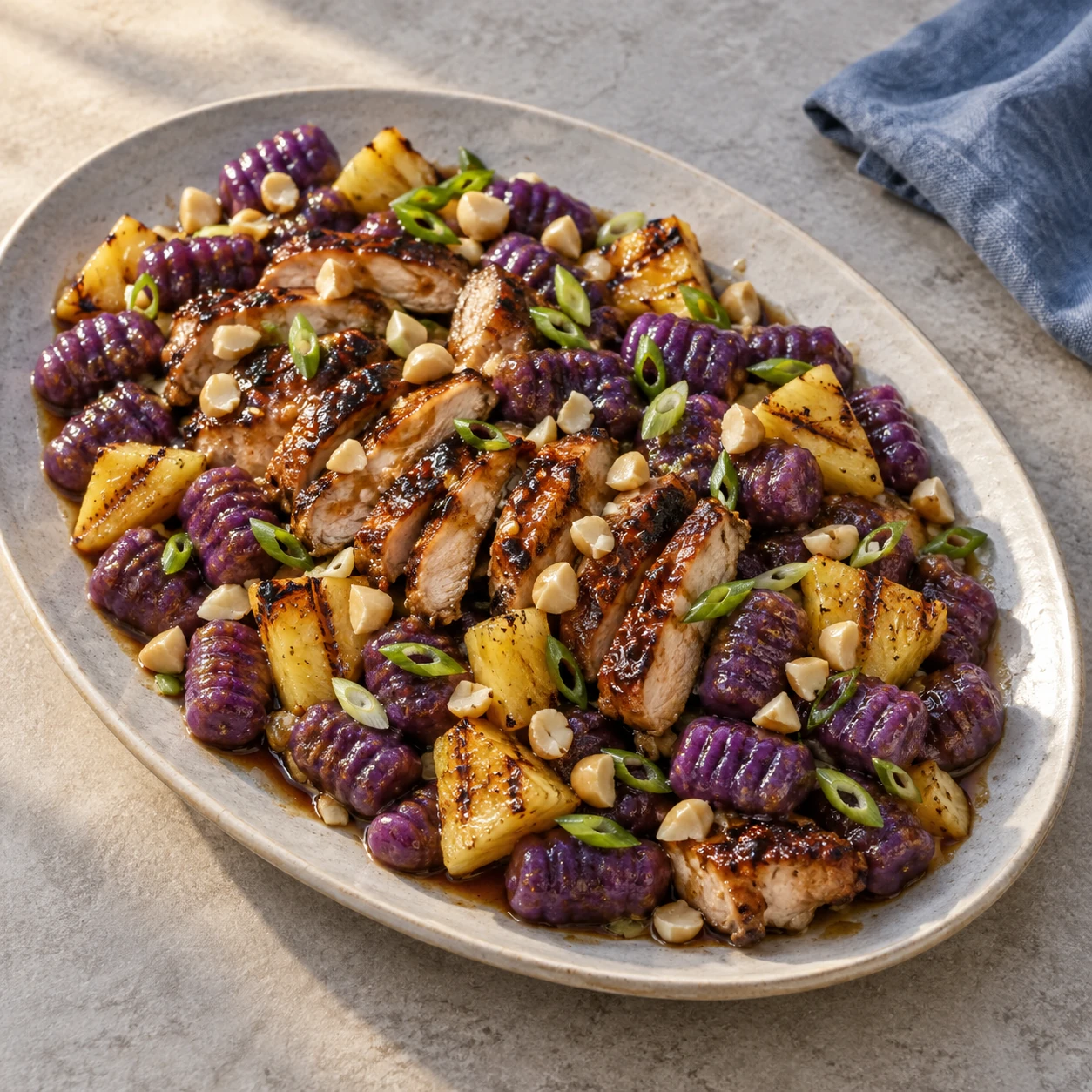 Purple Sweet Potato Gnocchi with Huli Huli Chicken