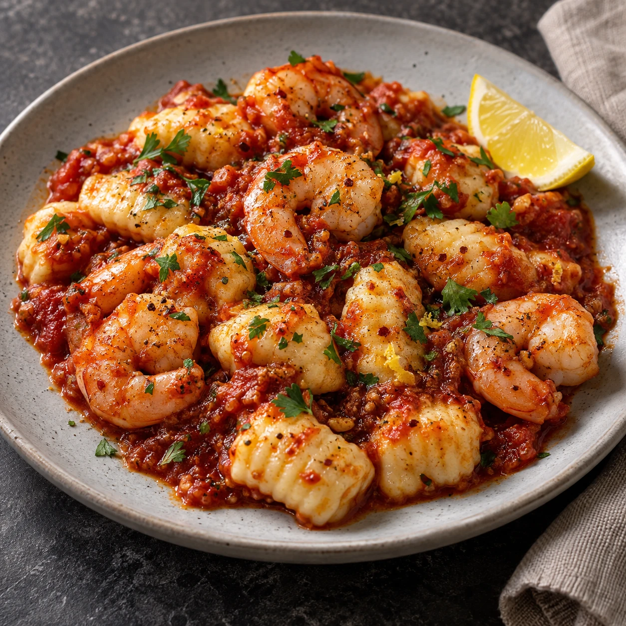 Ricotta Gnocchi with Shrimp Arrabbiata