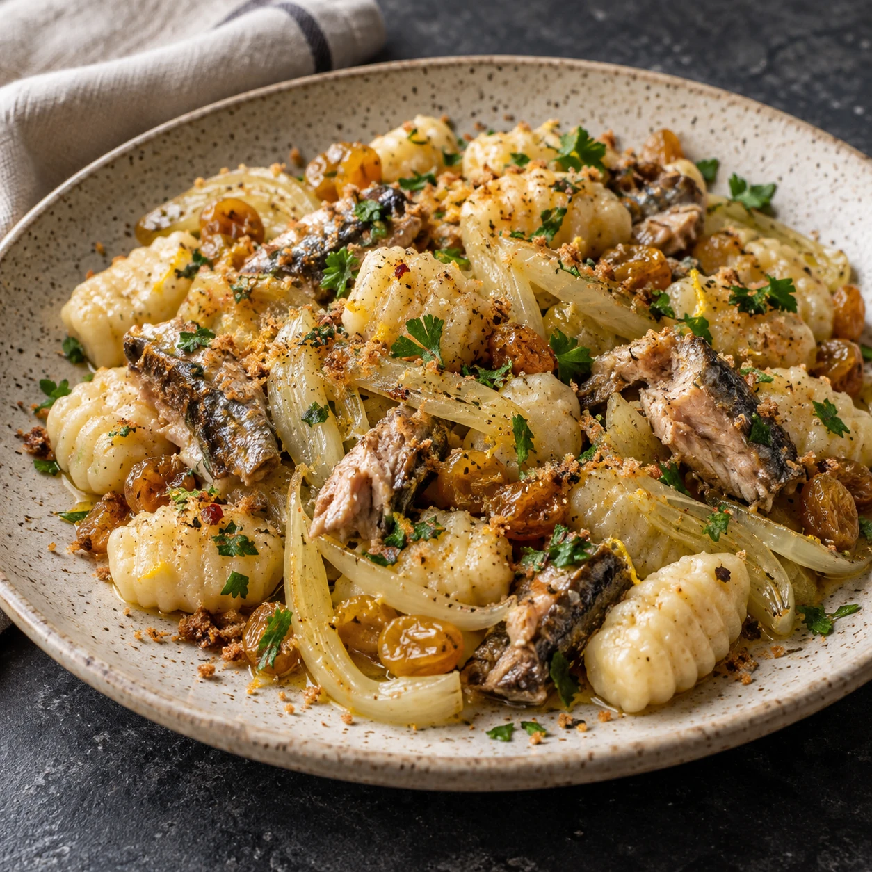 Sardine Gnocchi with Fennel and Golden Raisins