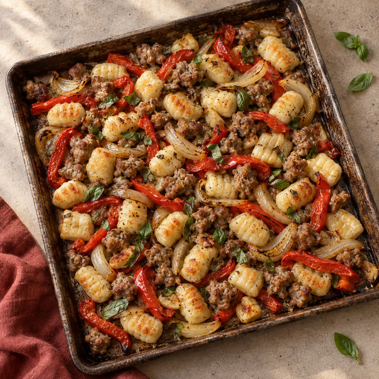 Sheet-Pan Potato Gnocchi with Italian Sausage, Peppers, and Onions