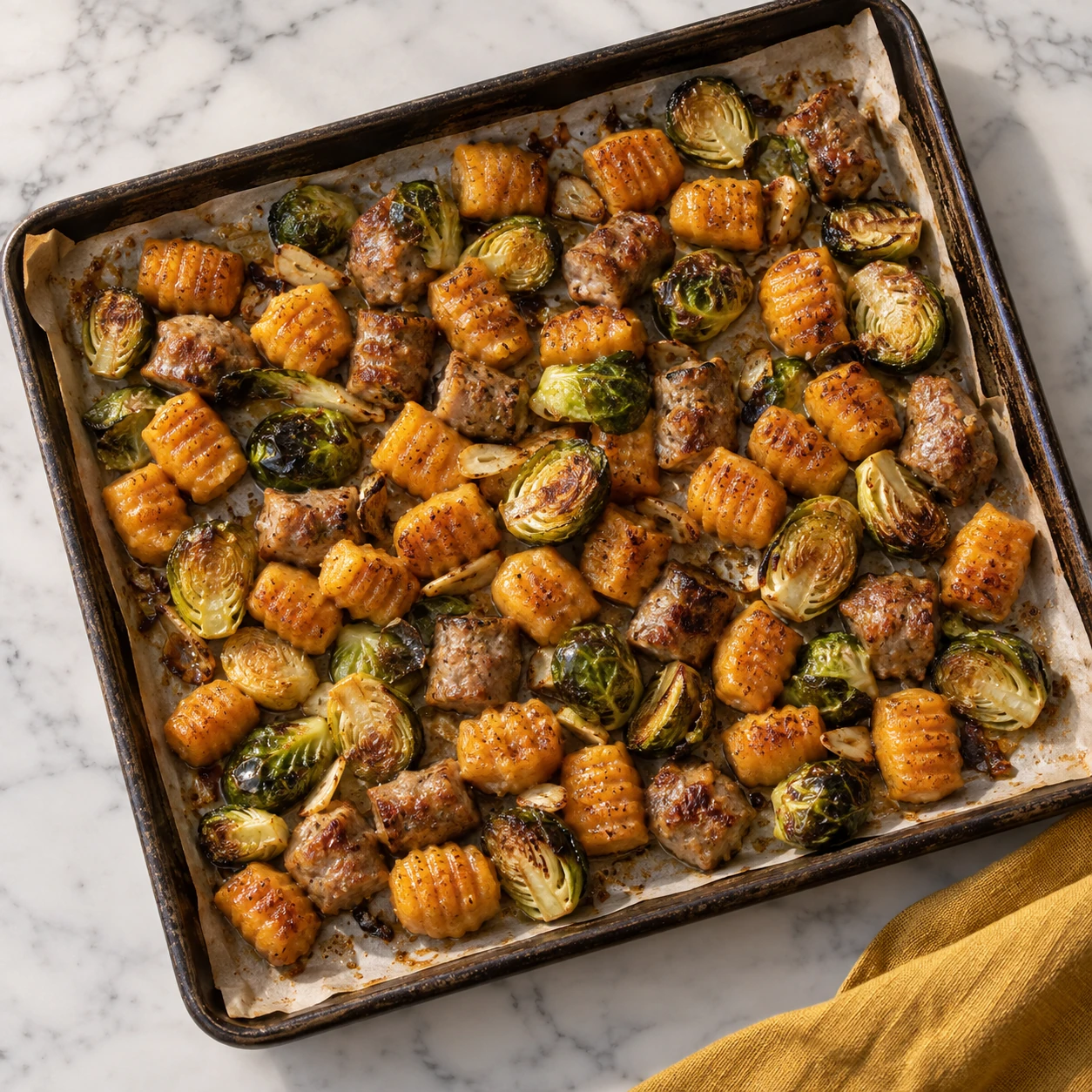 Sheet-Pan Sweet Potato Gnocchi with Italian Sausage and Brussels Sprouts
