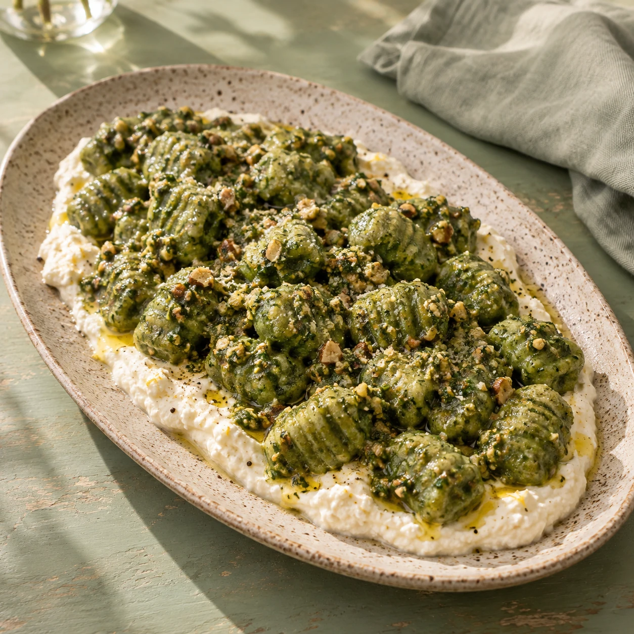 Spinach Gnocchi with Basil-Almond Pesto and Whipped Ricotta