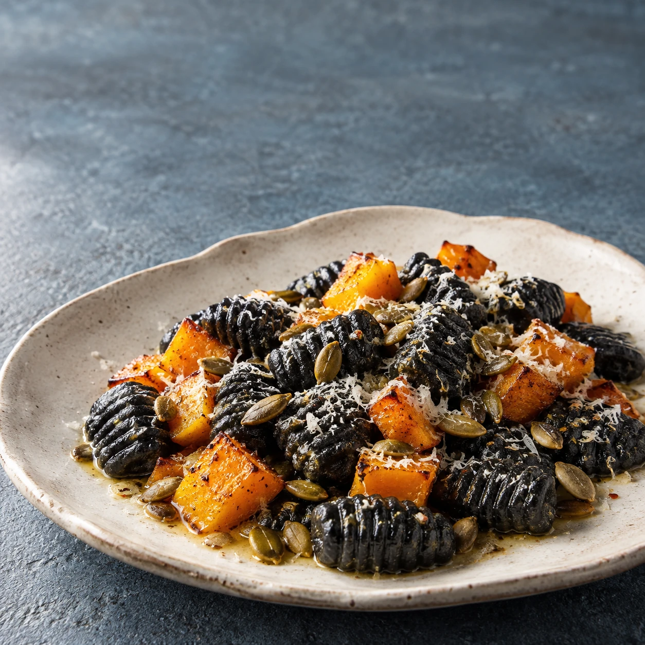 Squid Ink Gnocchi with Roasted Pumpkin