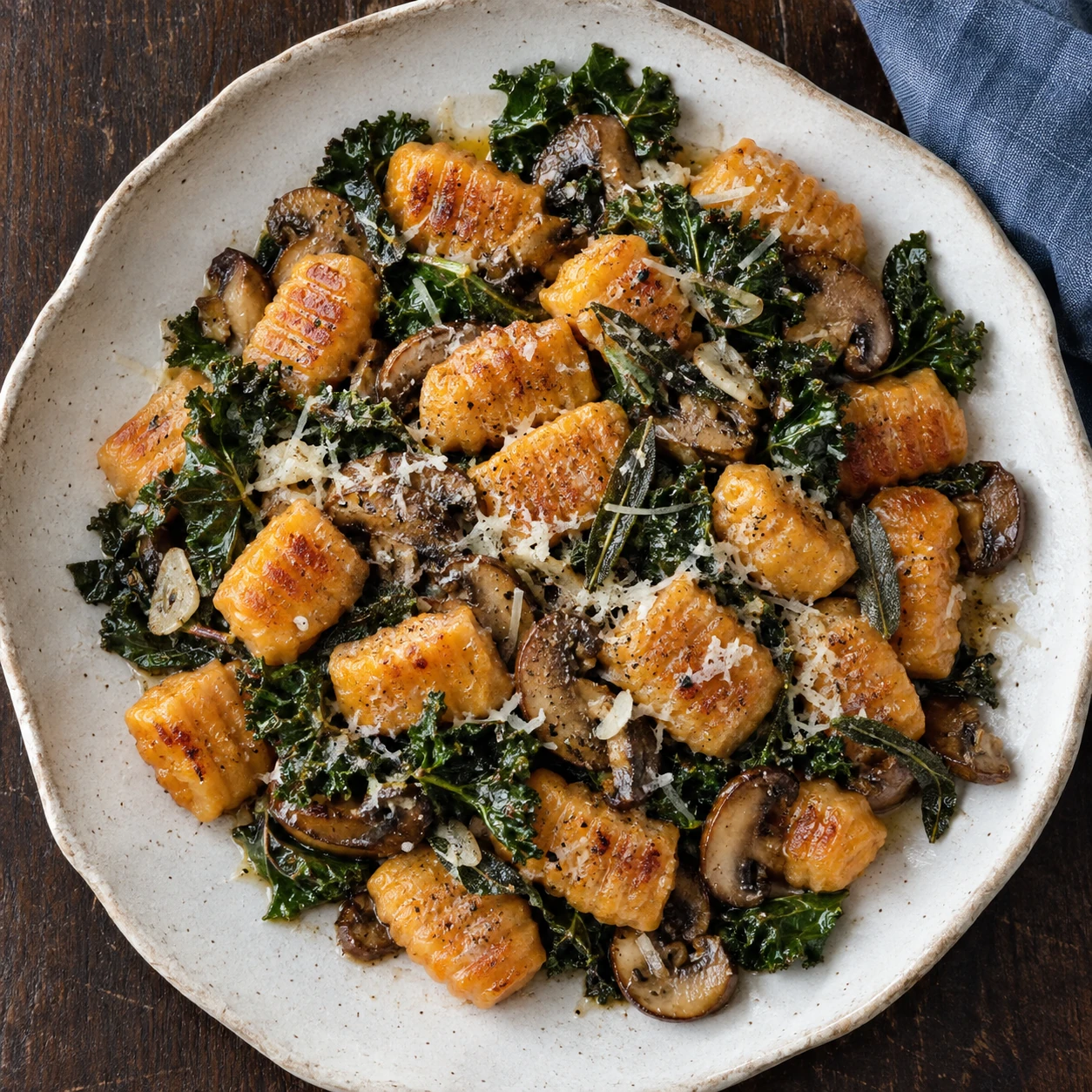 Sweet Potato Gnocchi with Mushrooms and Kale