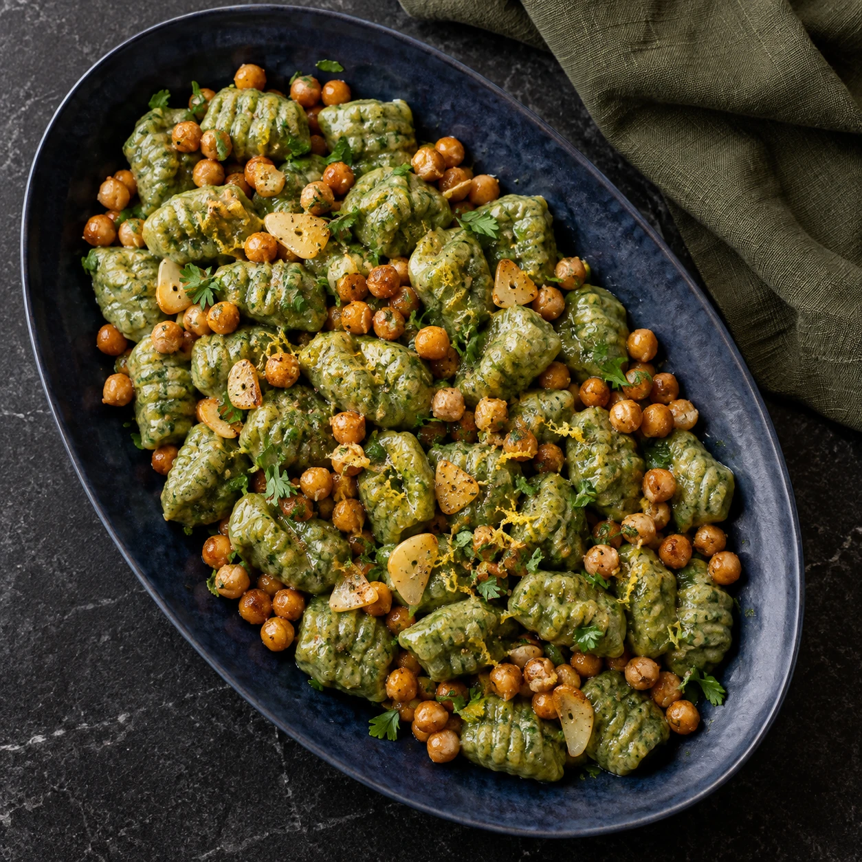 Vegan Spinach Gnocchi with Lemon and Crispy Chickpeas