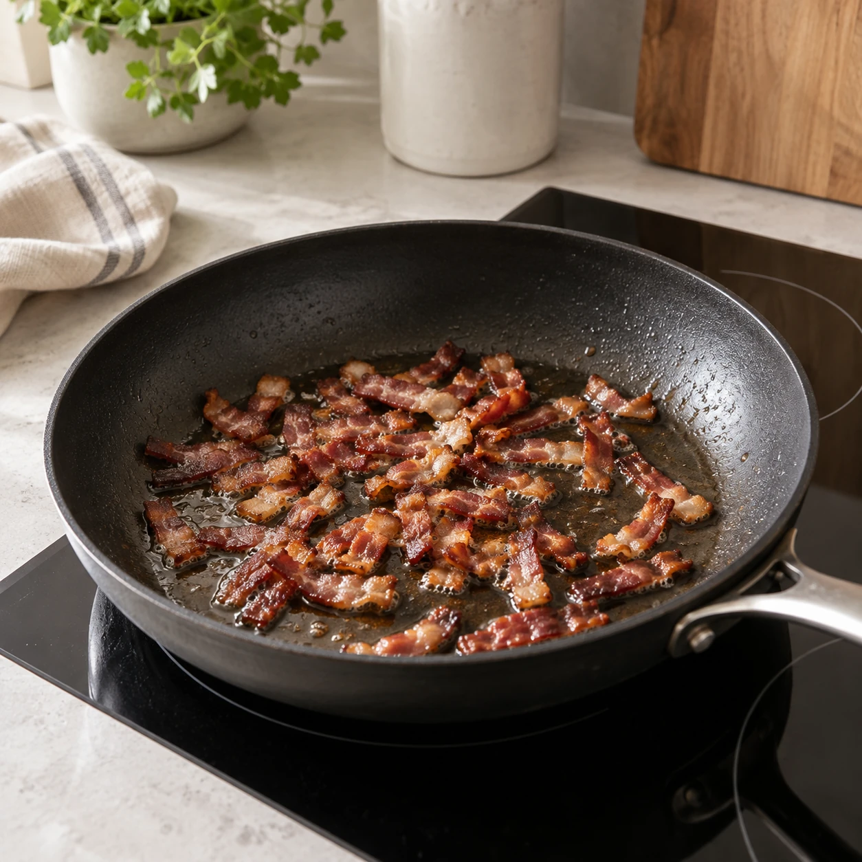 Bacon pieces crisping in a skillet on an electric stovetop