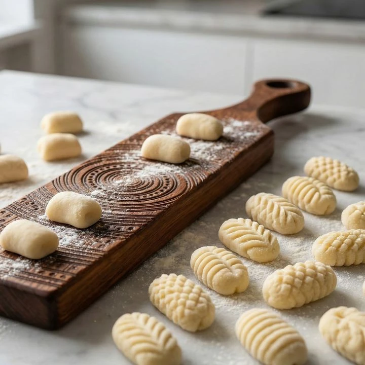 Patterned gnocchi board beside beautifully ridged gnocchi