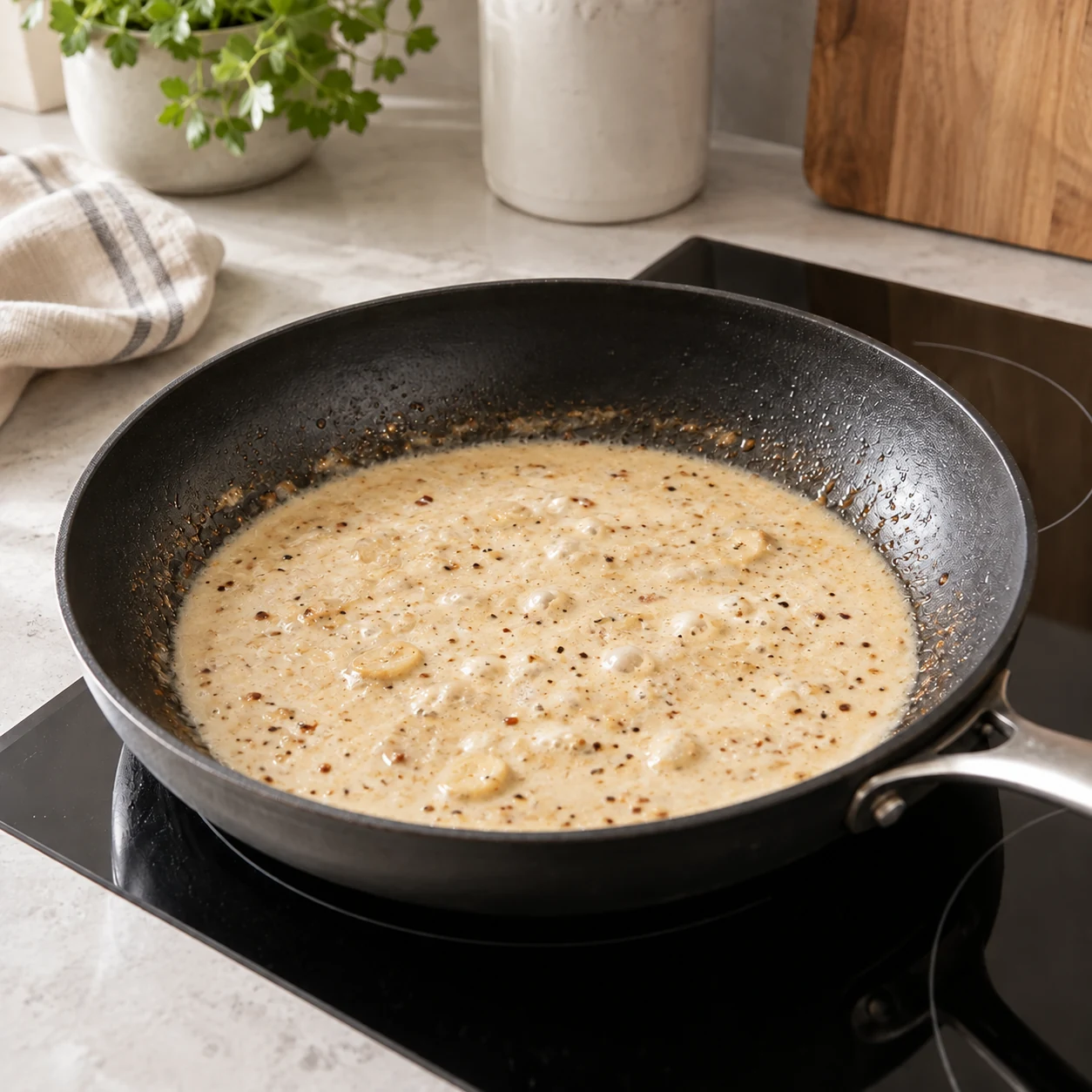Garlic cream simmering in the same skillet after the bacon has been removed