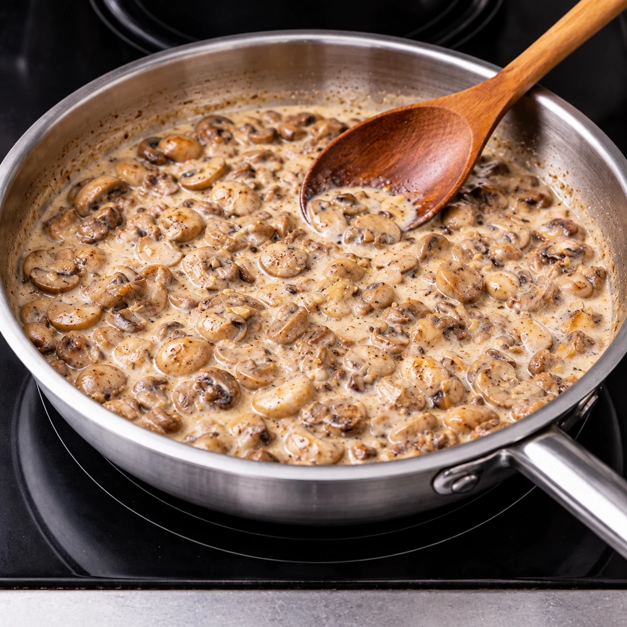 Browned mushrooms in gently simmering garlic cream in the same skillet