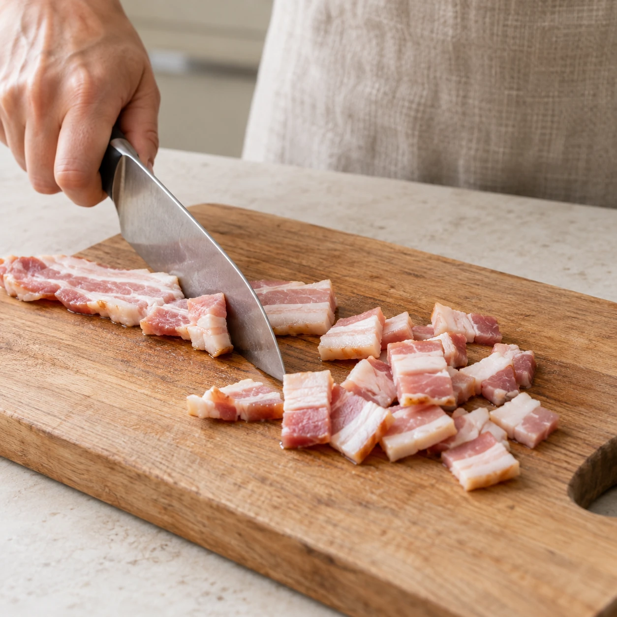 Bacon being cut into short pieces