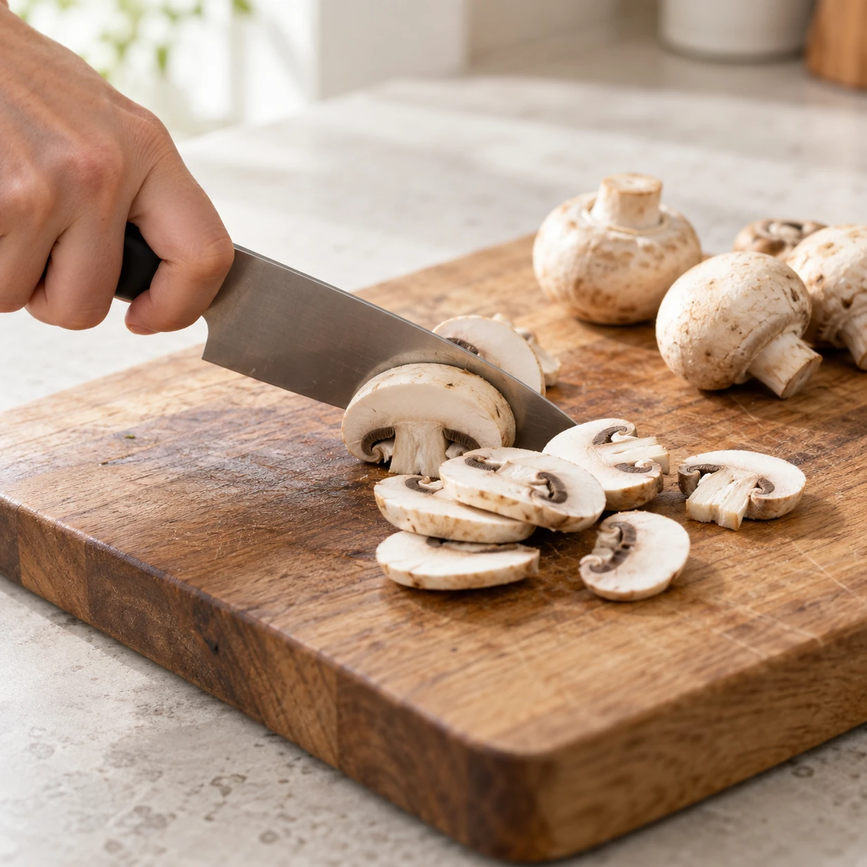 White button mushrooms being sliced