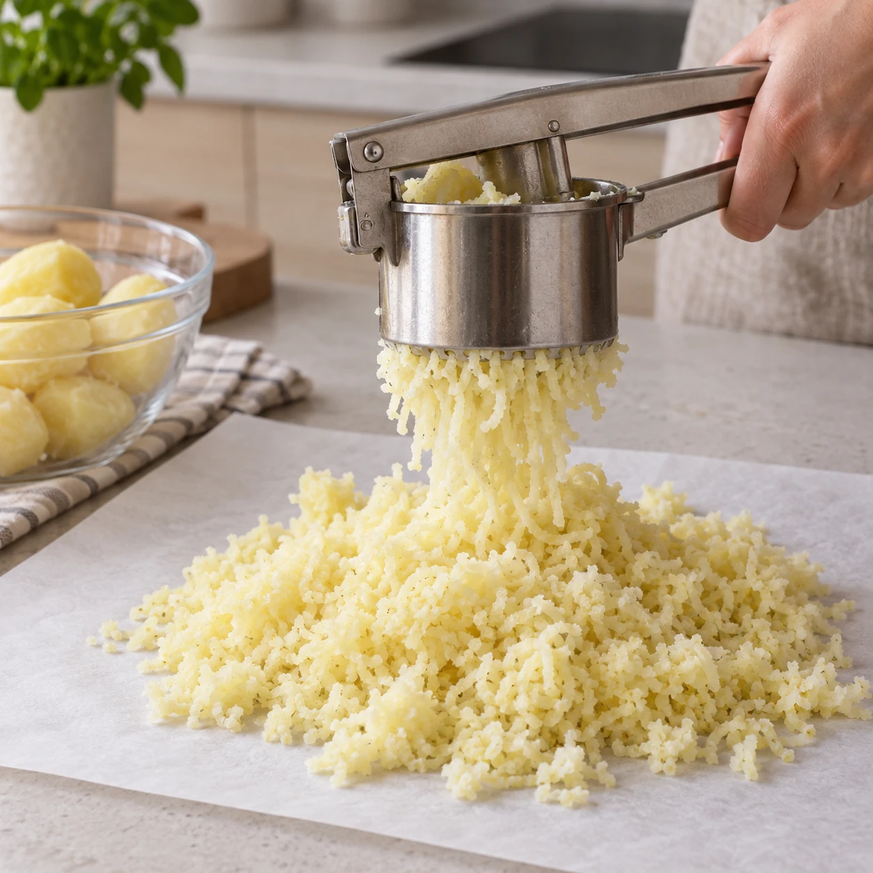 Warm potatoes passing through a potato ricer