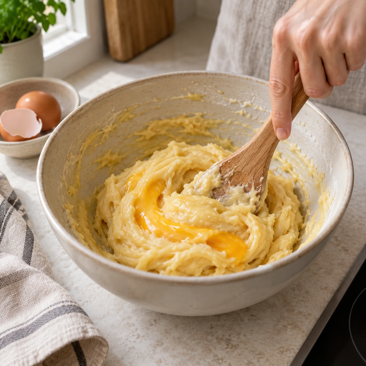 Beat in the eggs and flavoring