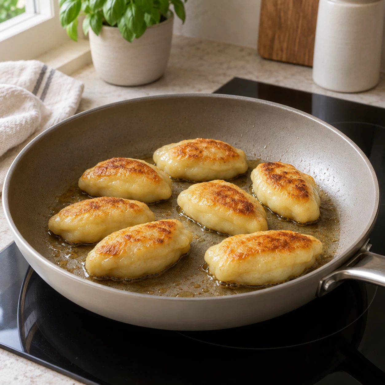 Pan-crisp the sealed dumplings