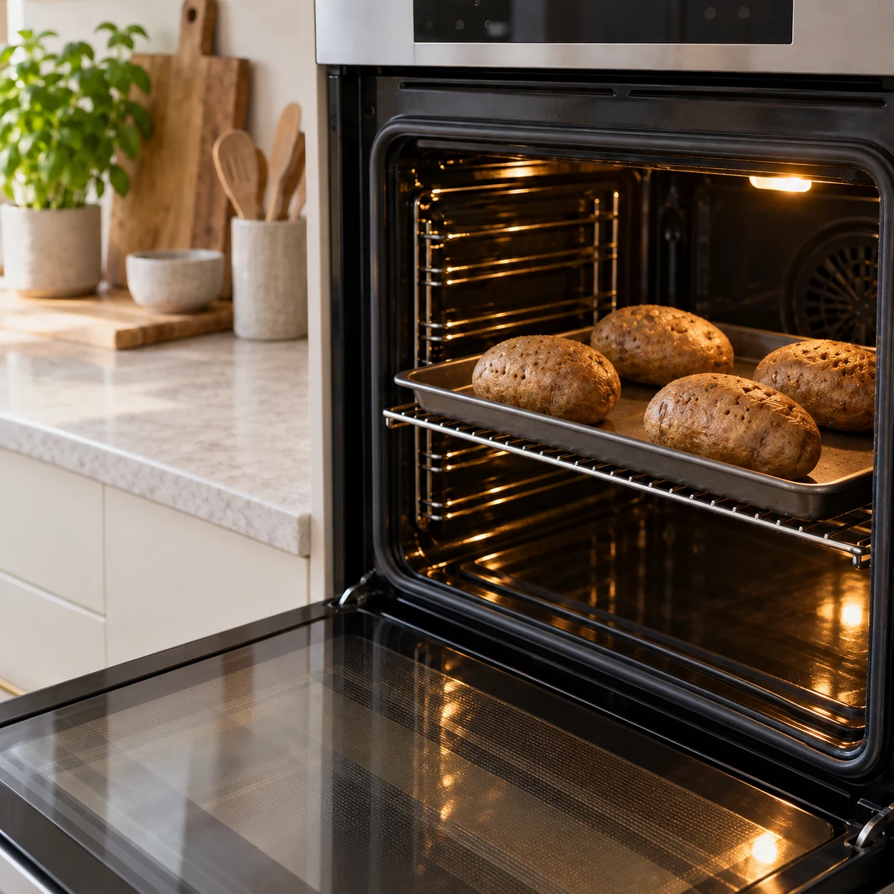 Whole potatoes baking on an oven rack