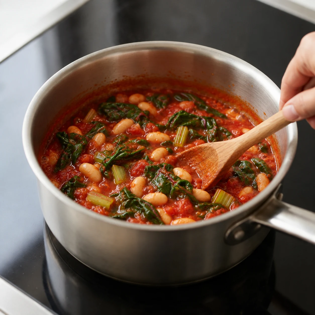 White beans and chard simmering in tomato sauce