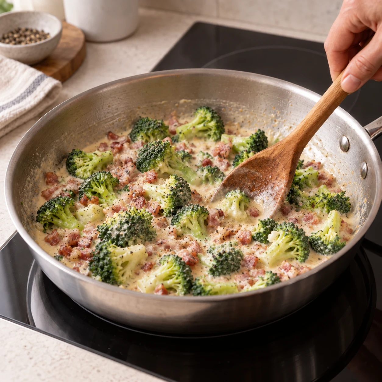 Broccoli and pancetta in cream sauce before adding the gnocchi