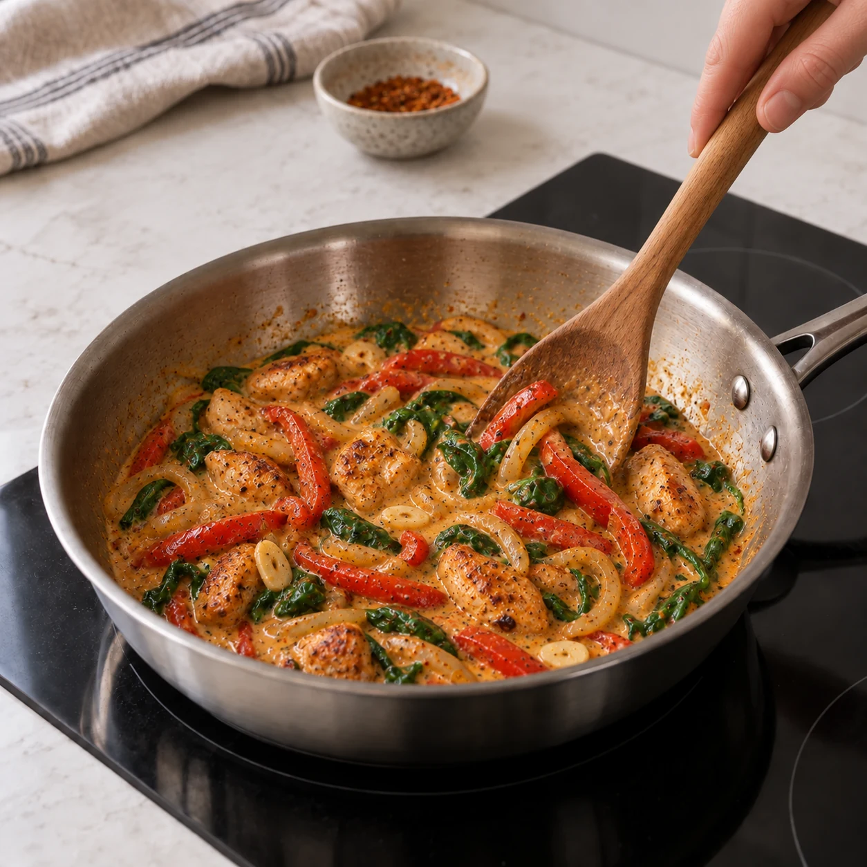 Cajun chicken, peppers and spinach in cream sauce
