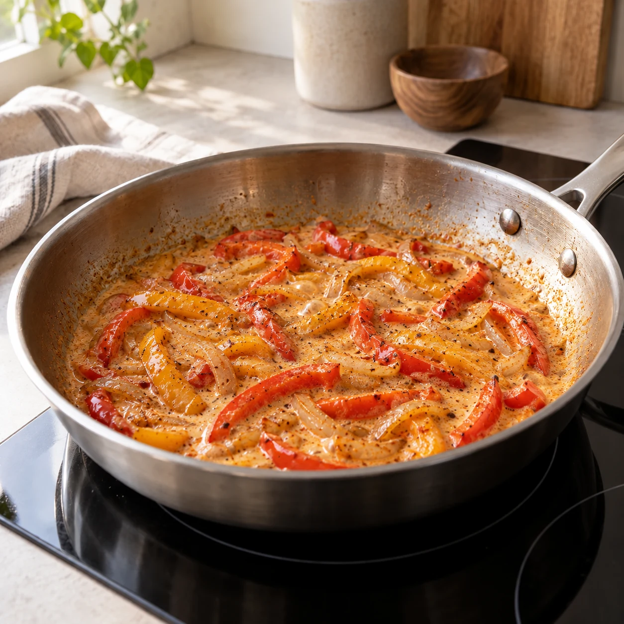 Peppers and onions simmering in Cajun cream sauce