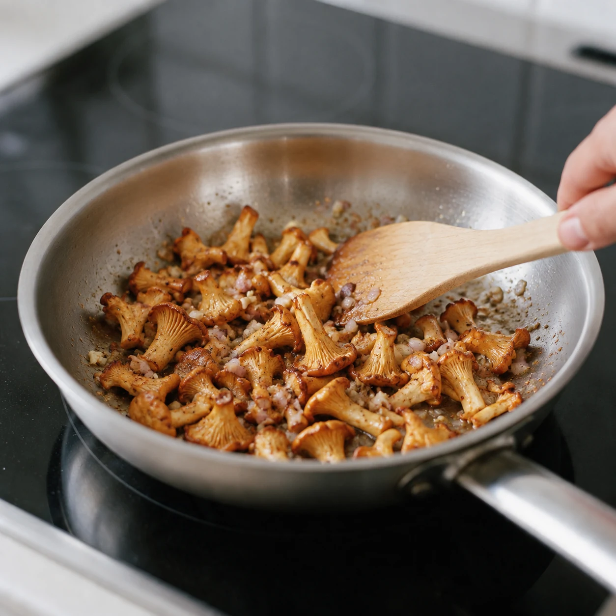 Chanterelles cooking with butter, shallots and garlic in a skillet