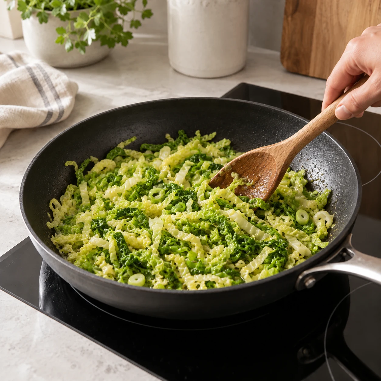Savoy cabbage and scallions cooking in butter