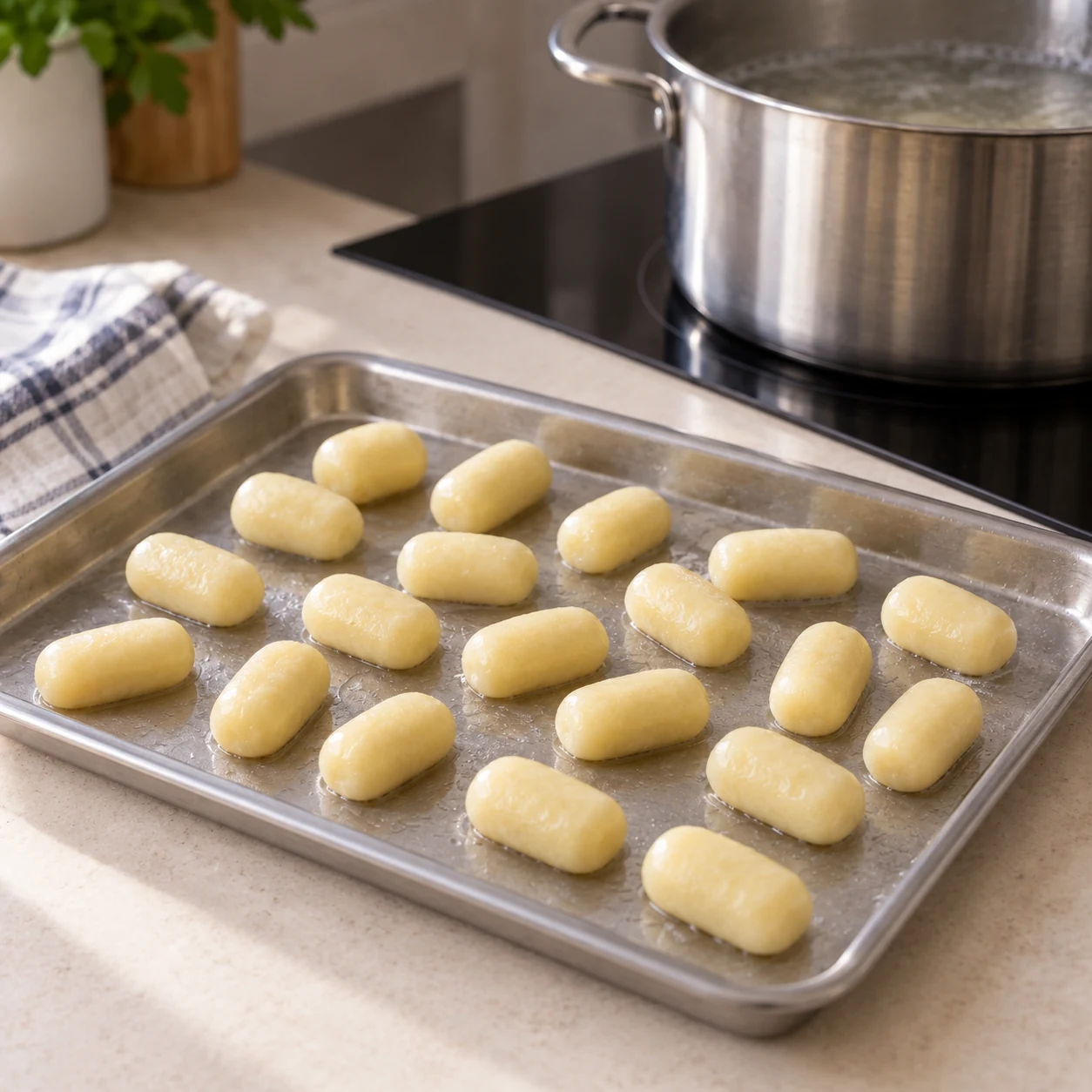 Cooked Parisian gnocchi drying on a tray