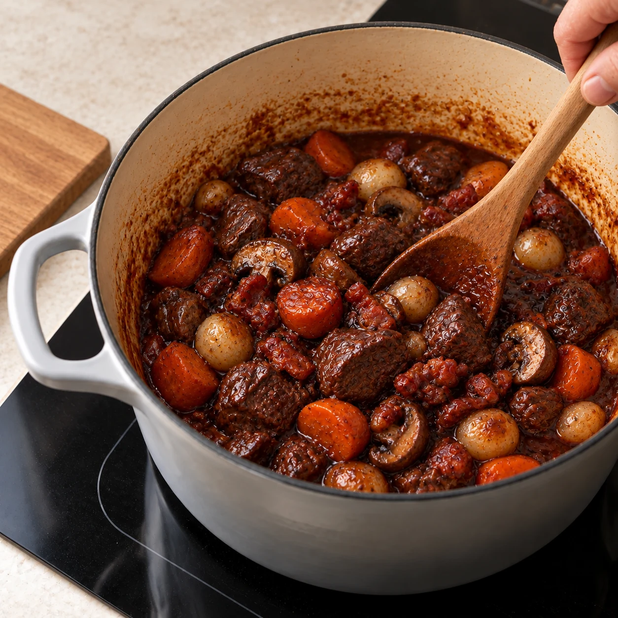 Beef, mushrooms and pearl onions in reduced wine sauce