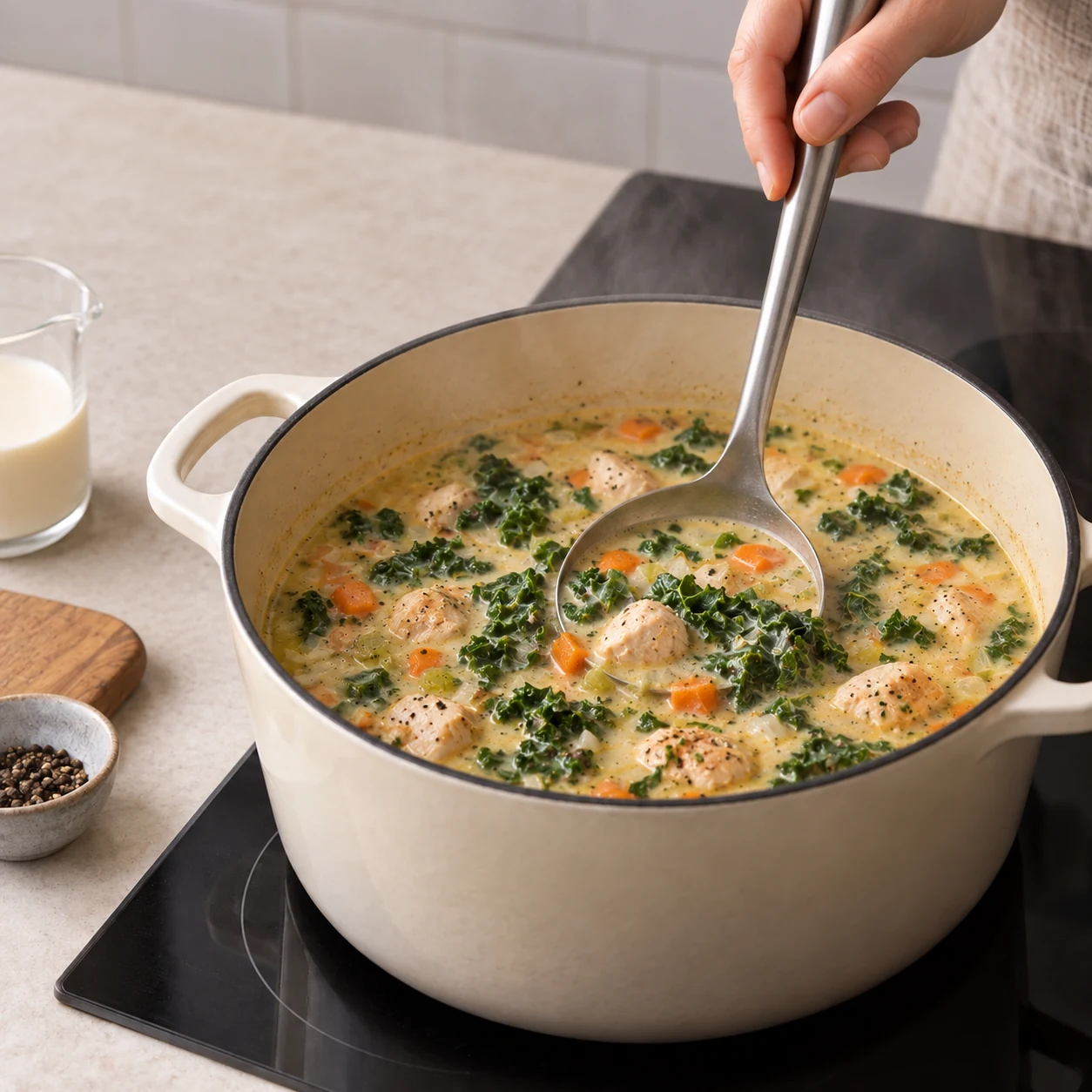 Chicken, kale and vegetables in the finished soup base before adding gnocchi
