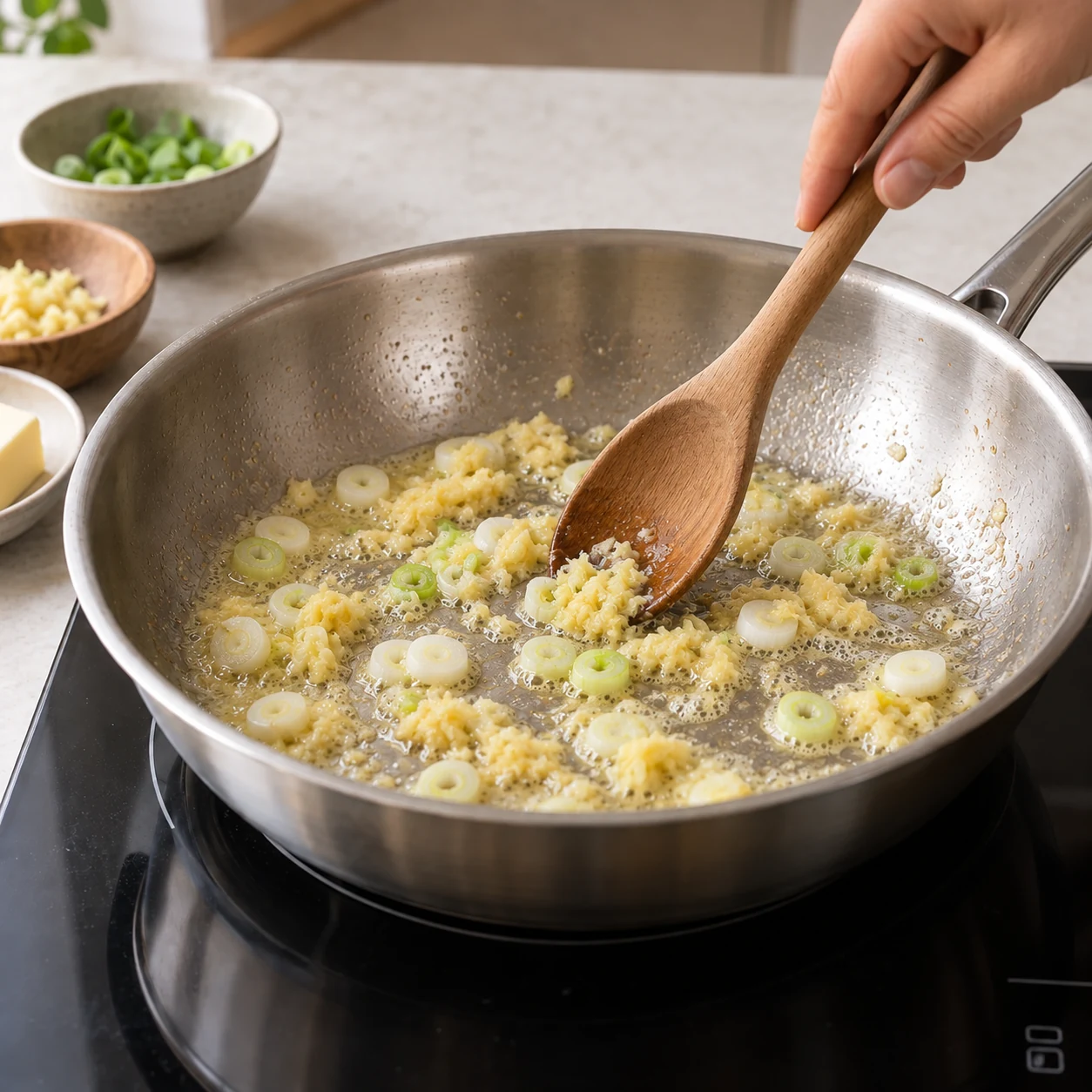 Ginger and scallion whites cooking in butter