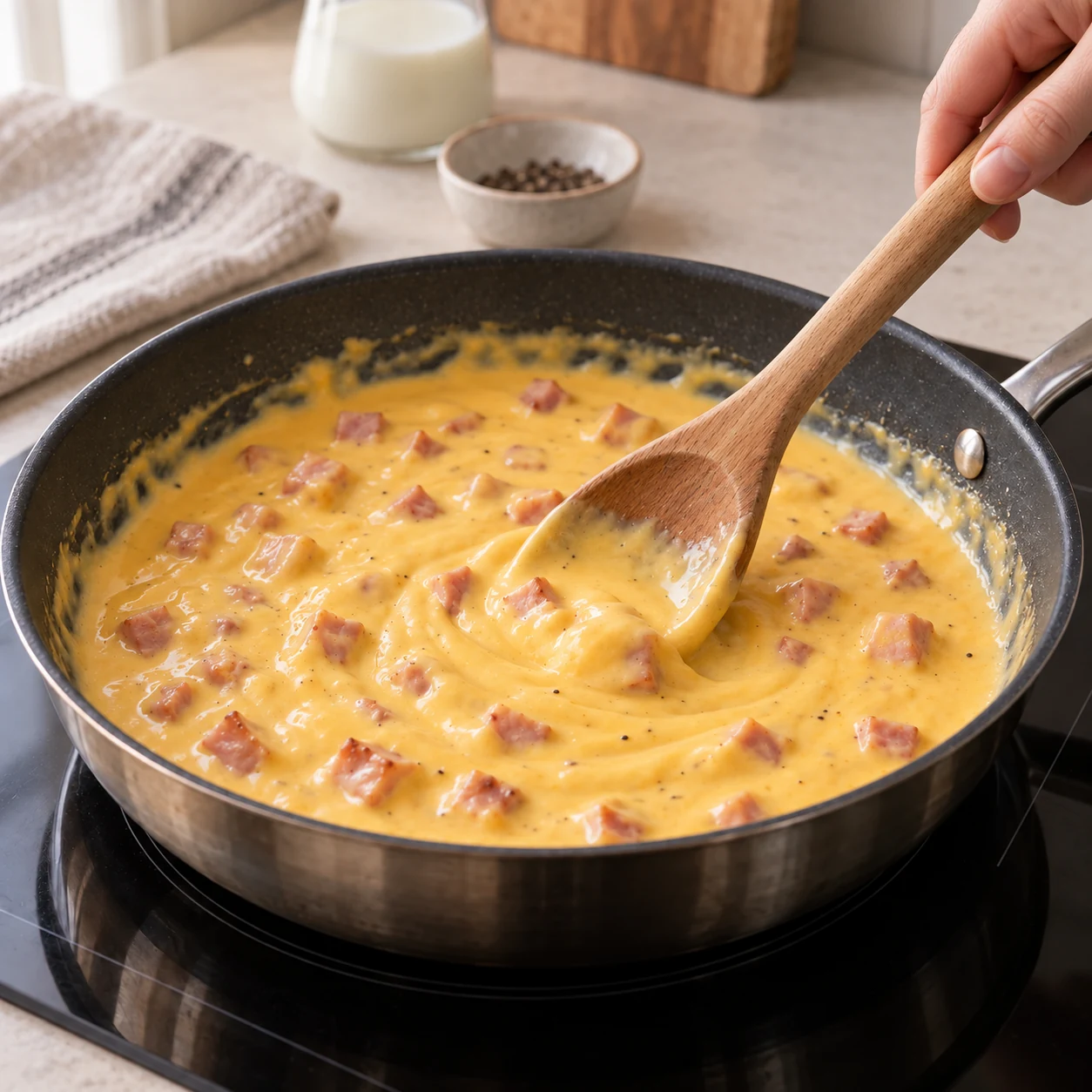 Ham and cheddar cream sauce in a skillet