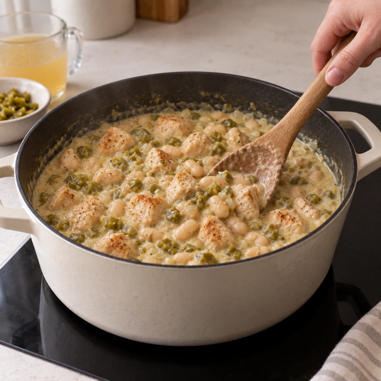 Chicken, white beans and Hatch chiles in a light cream sauce