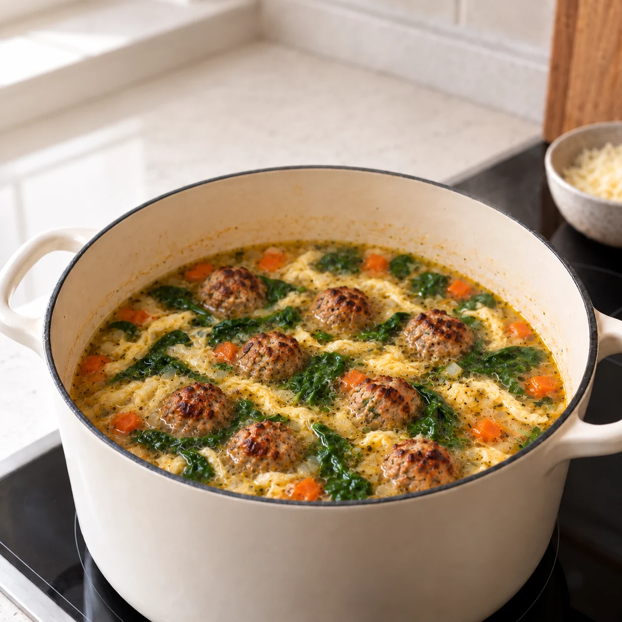 Meatballs, spinach and egg ribbons in broth before adding the gnocchi