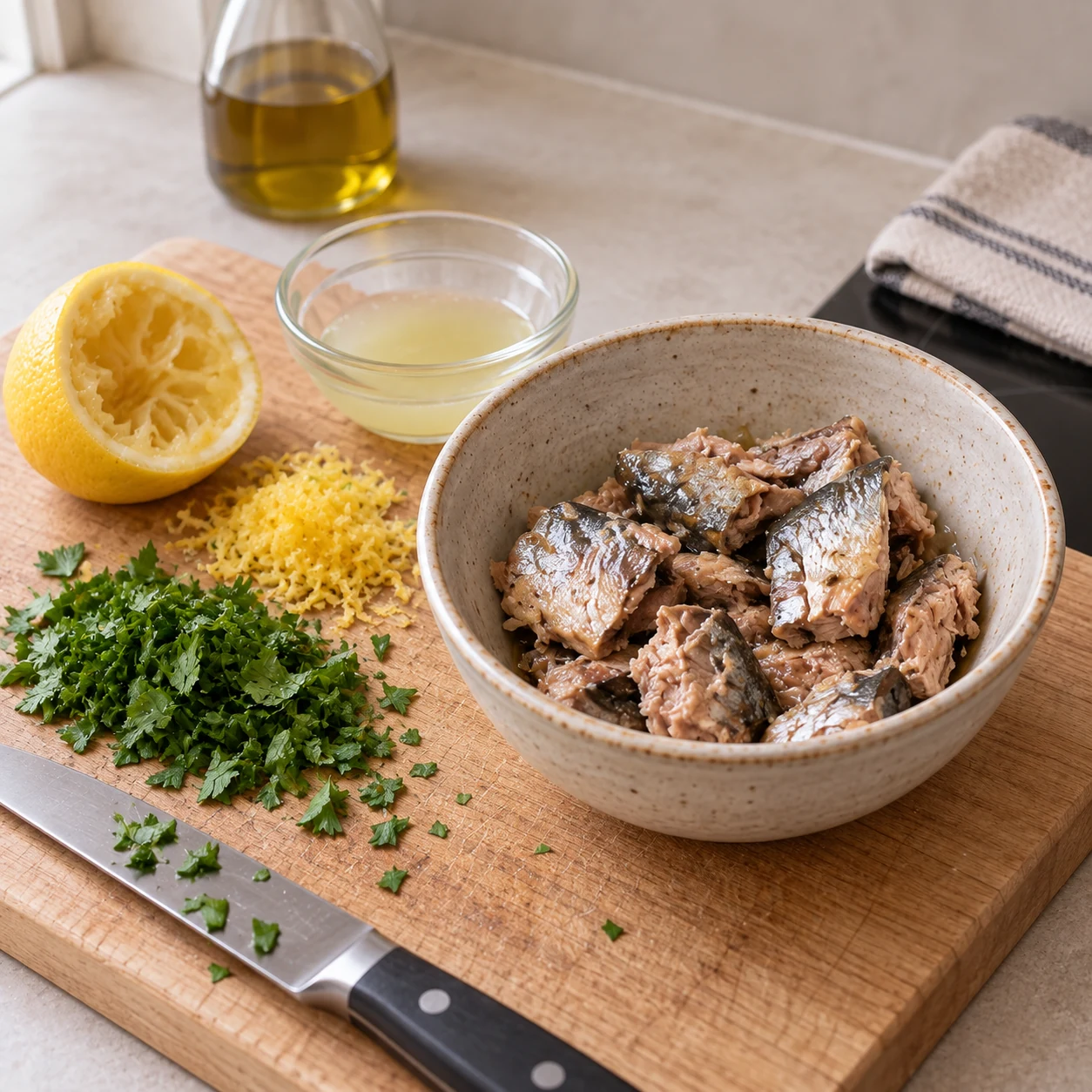 Drained sardines, lemon zest, lemon juice and parsley prepared on the counter
