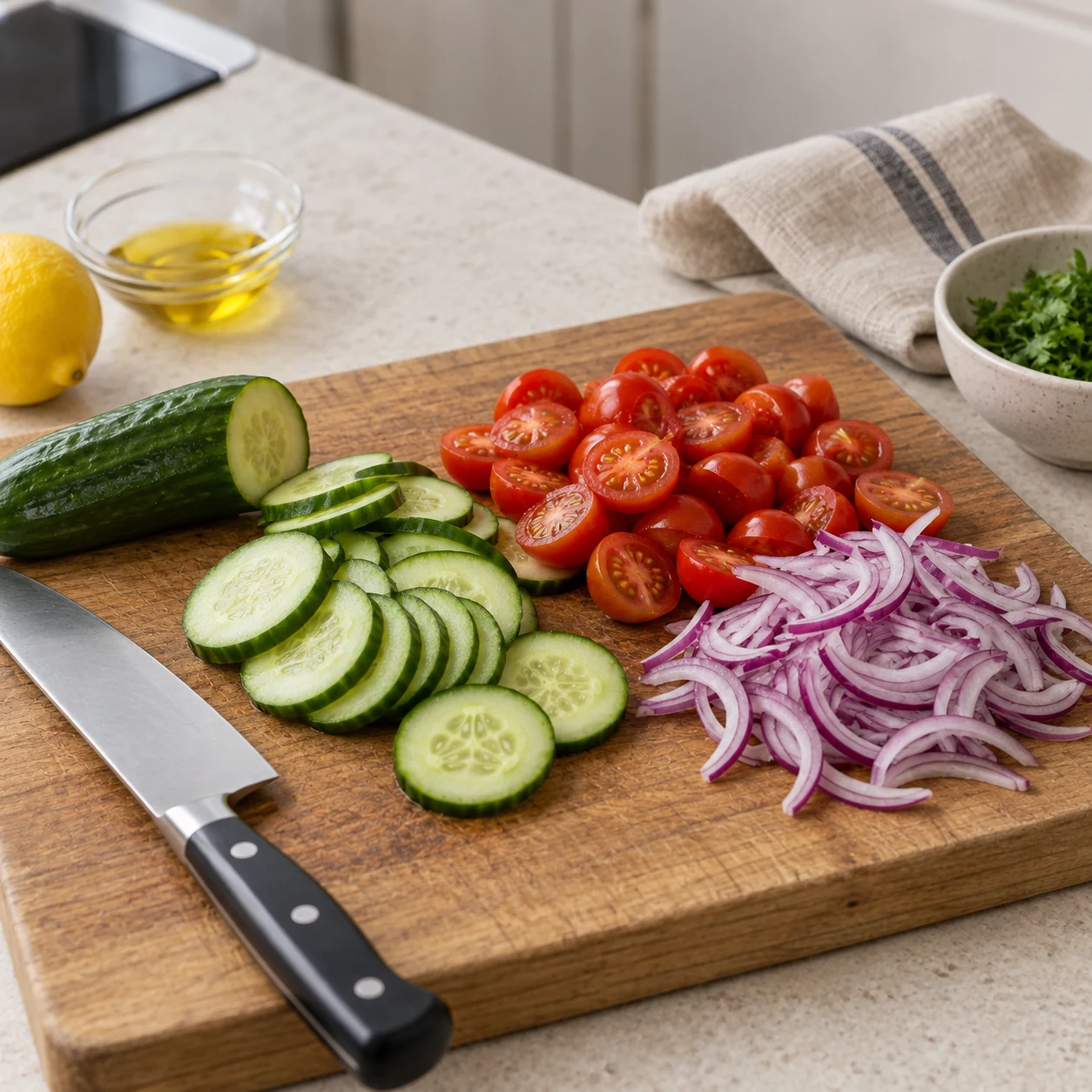 Cucumber, tomatoes and red onion cut for serving