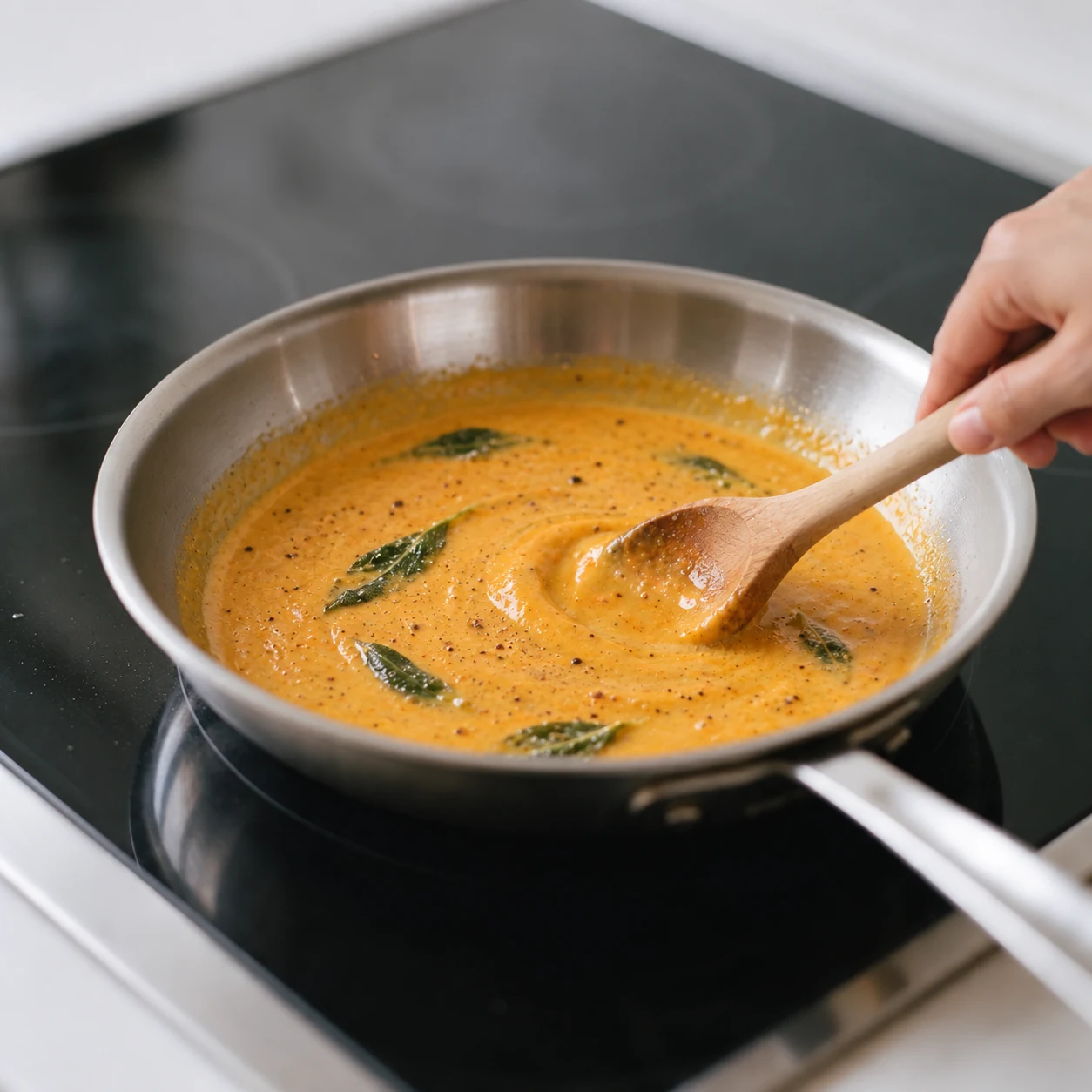 Pumpkin cream sauce with sage in a skillet