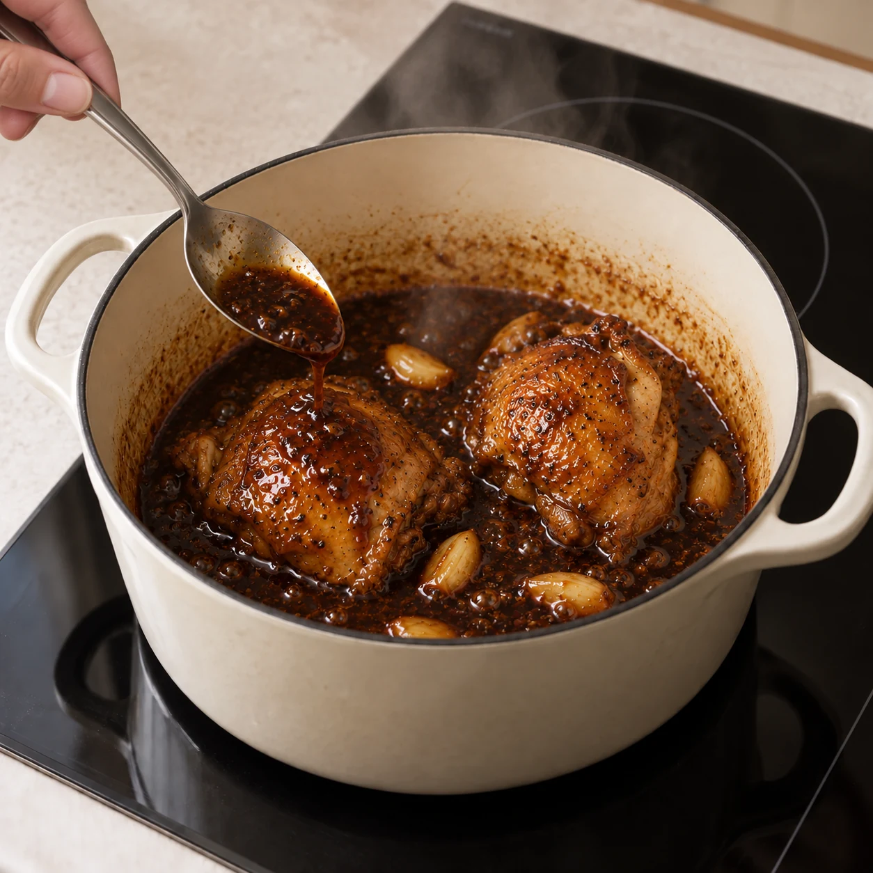 Chicken reheating in glossy adobo sauce