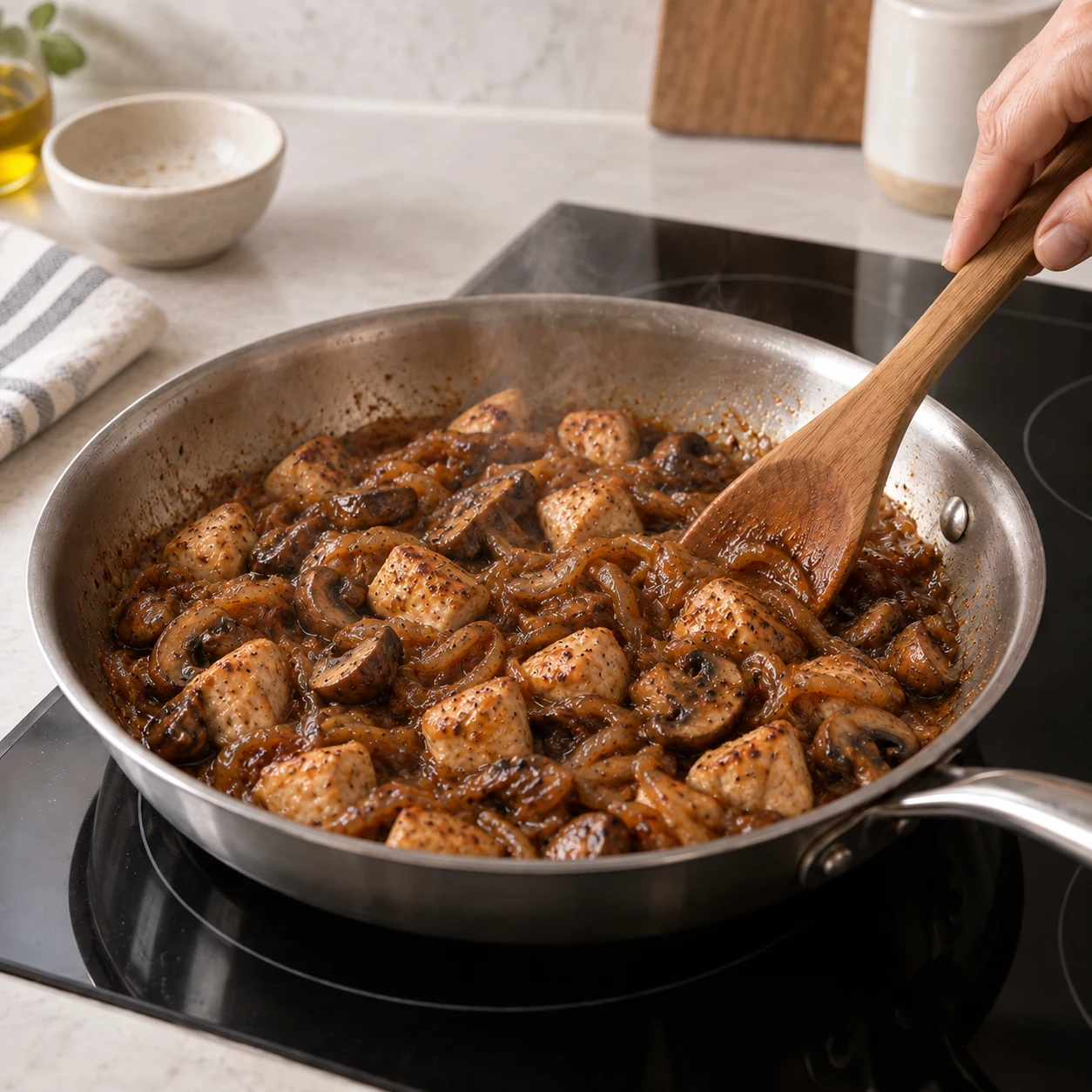 Chicken and mushrooms reheating with caramelized onion sauce