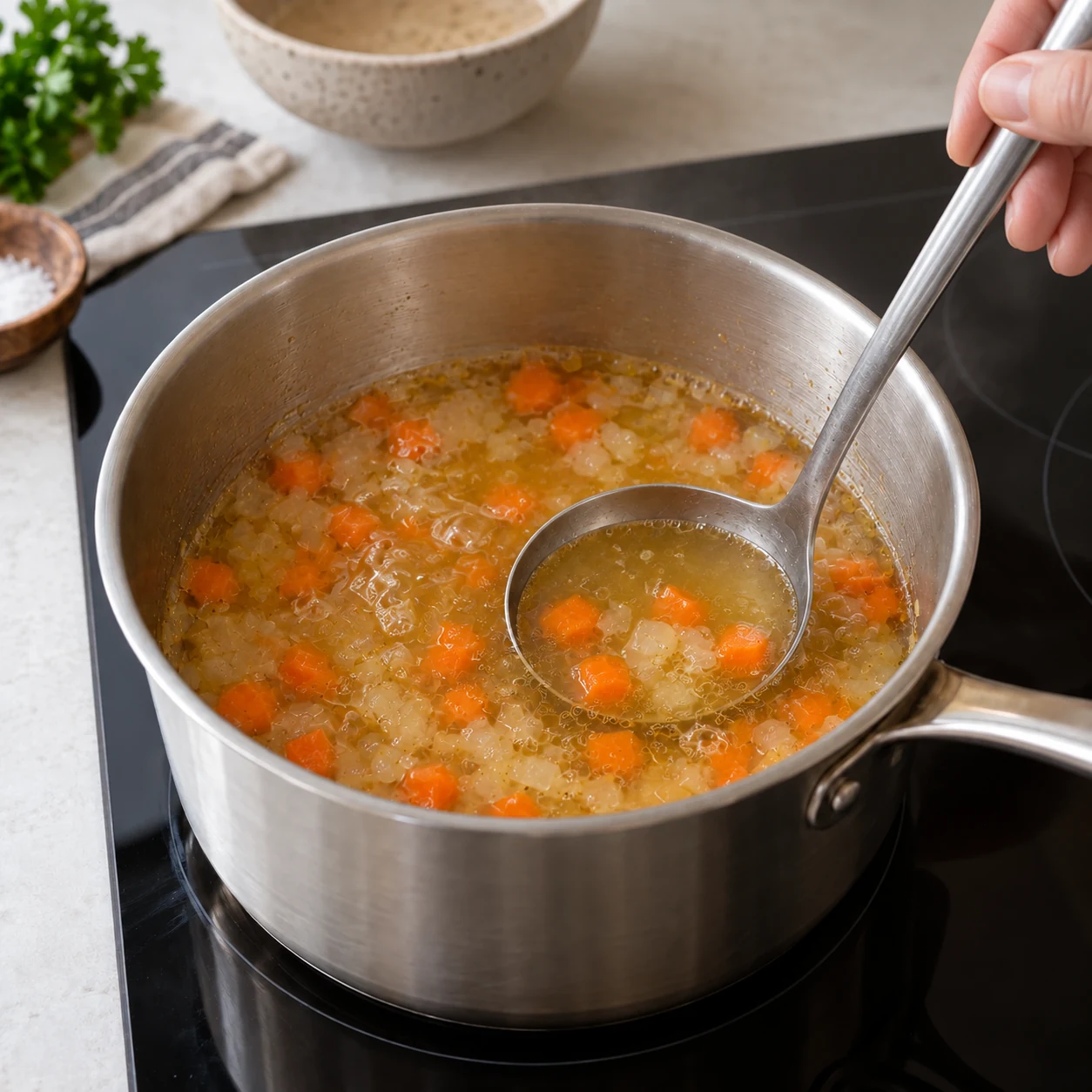 Vegetable broth returning to a gentle simmer before adding meatballs and egg