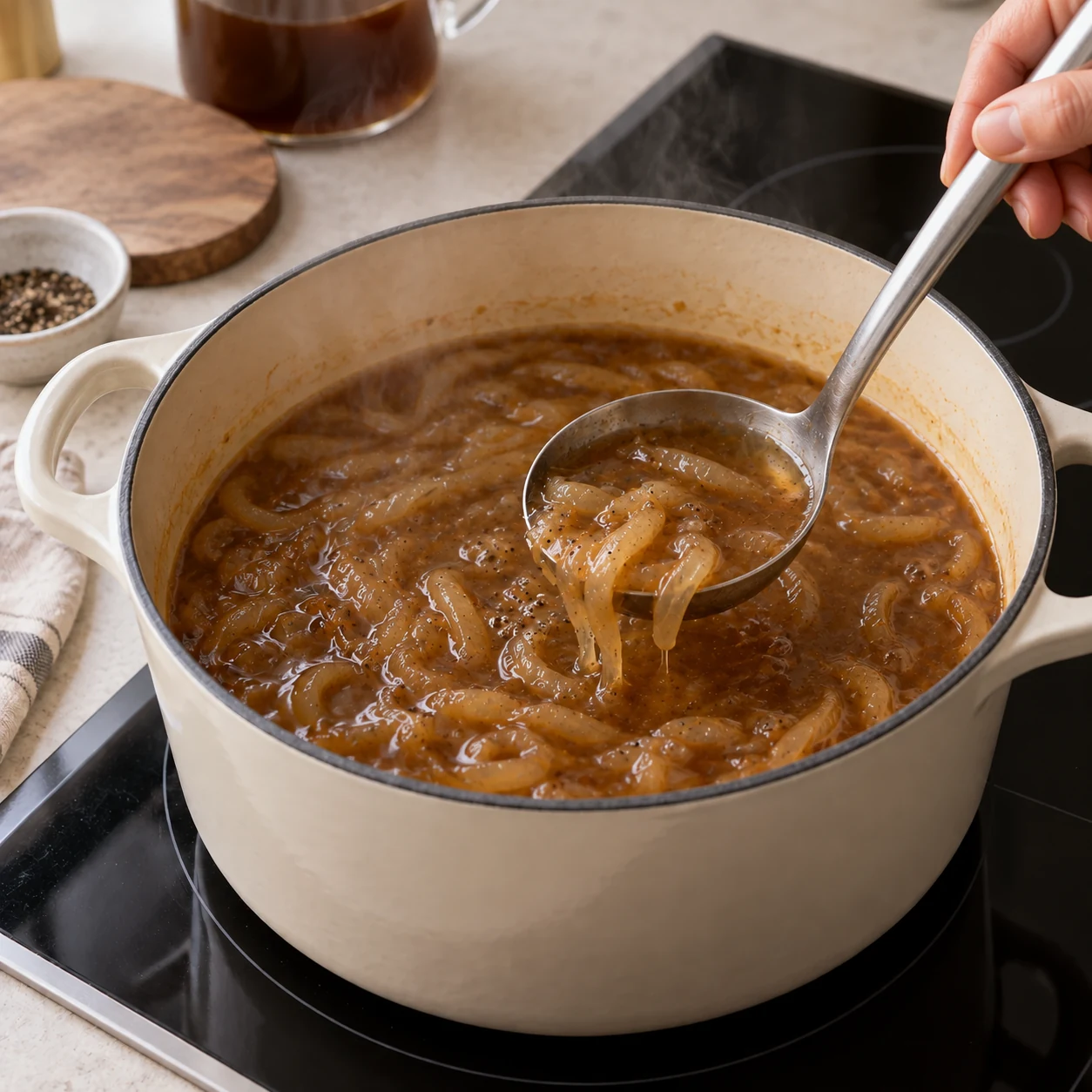 French onion soup reheating in its pot
