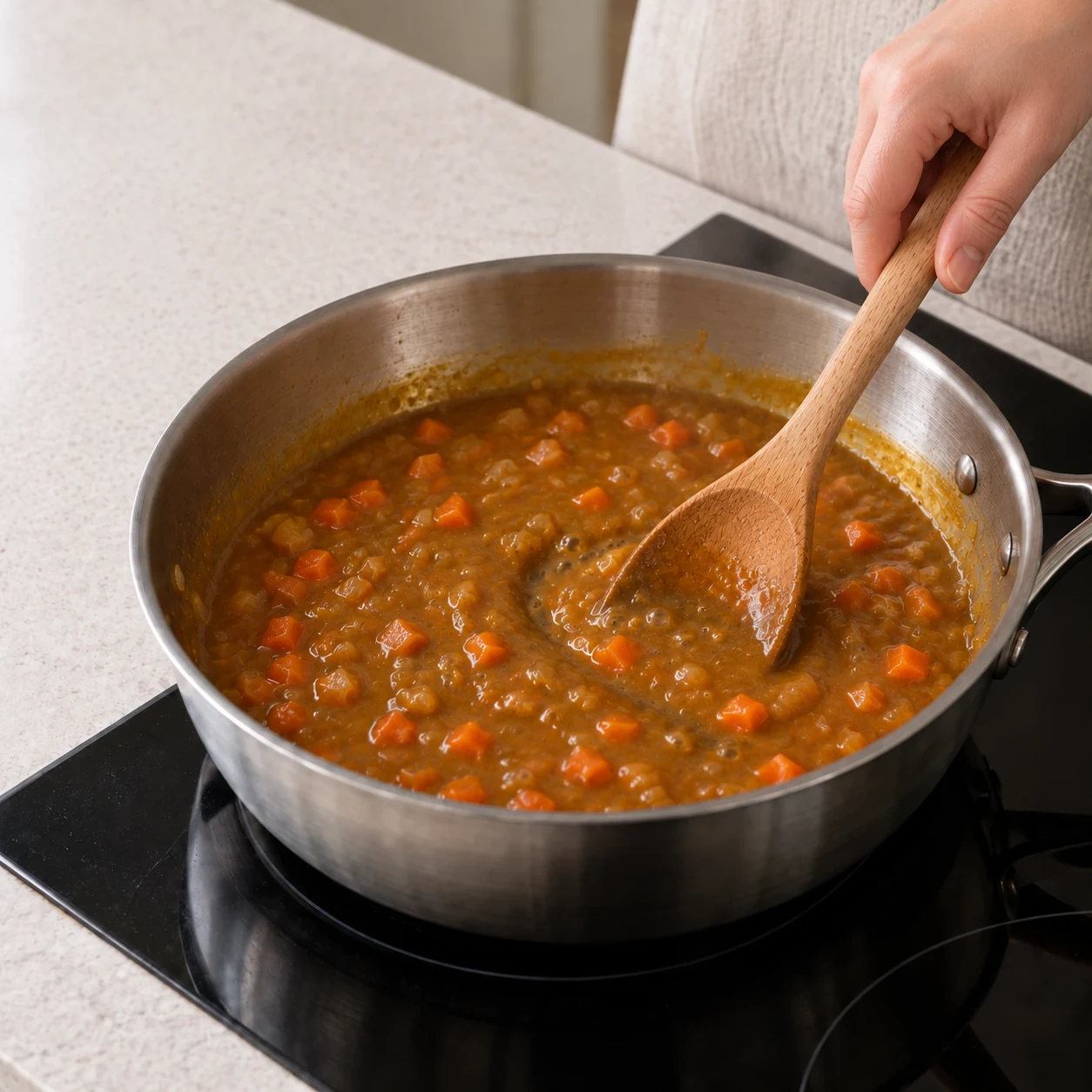 Japanese curry sauce warming in a skillet