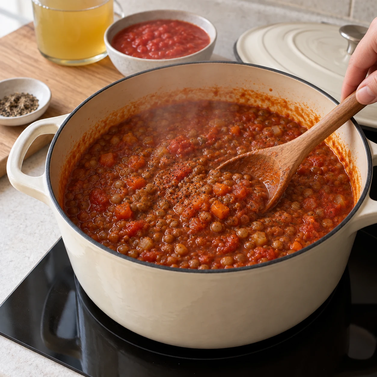 Lentil and tomato ragu reheating in its pot