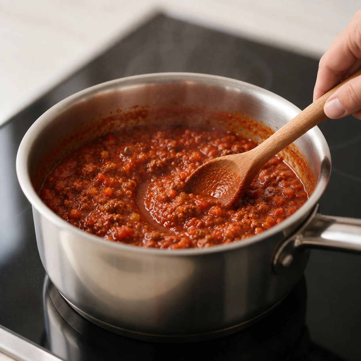Meat and tomato sauce reheating gently in a skillet