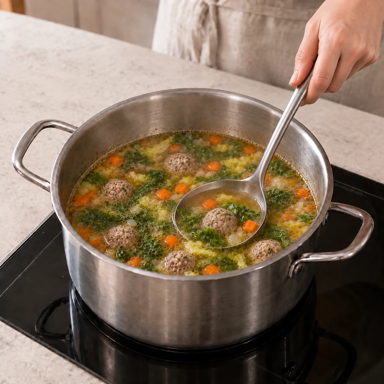 Meatballs and escarole reheating in broth before adding the gnocchi