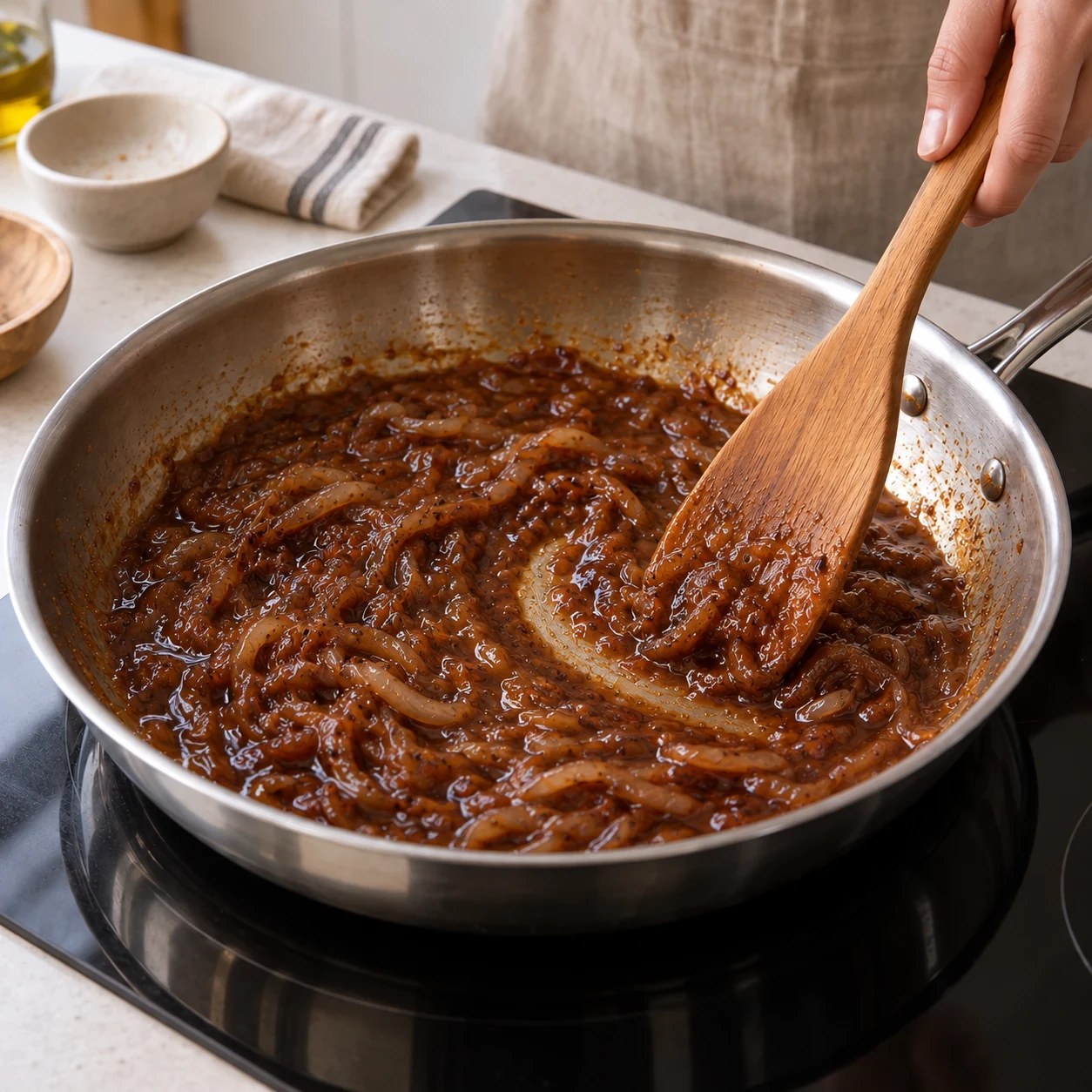 Caramelized onions reheating in a glossy reduced sauce