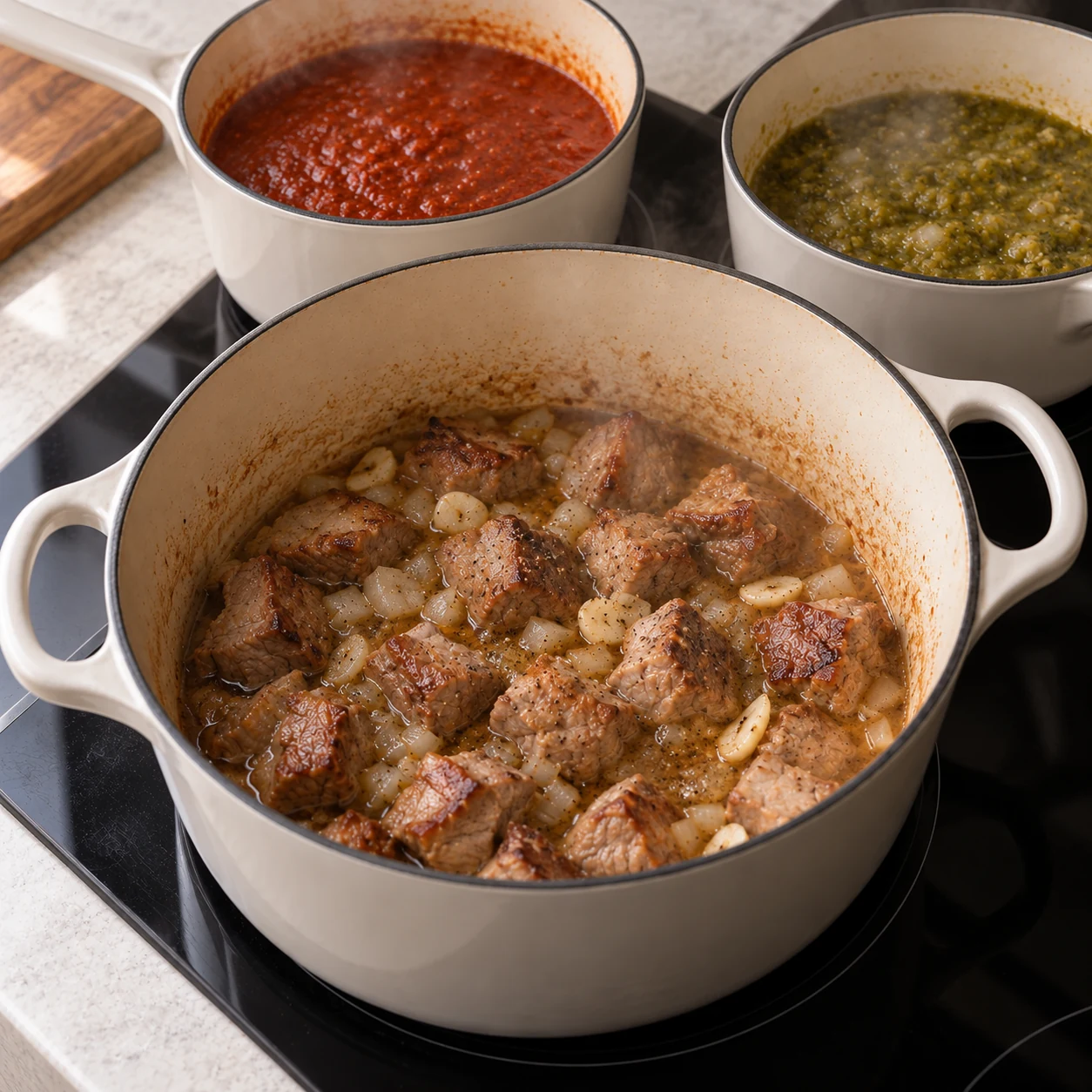 Cooked pork reheating with separate red and green chile sauces nearby