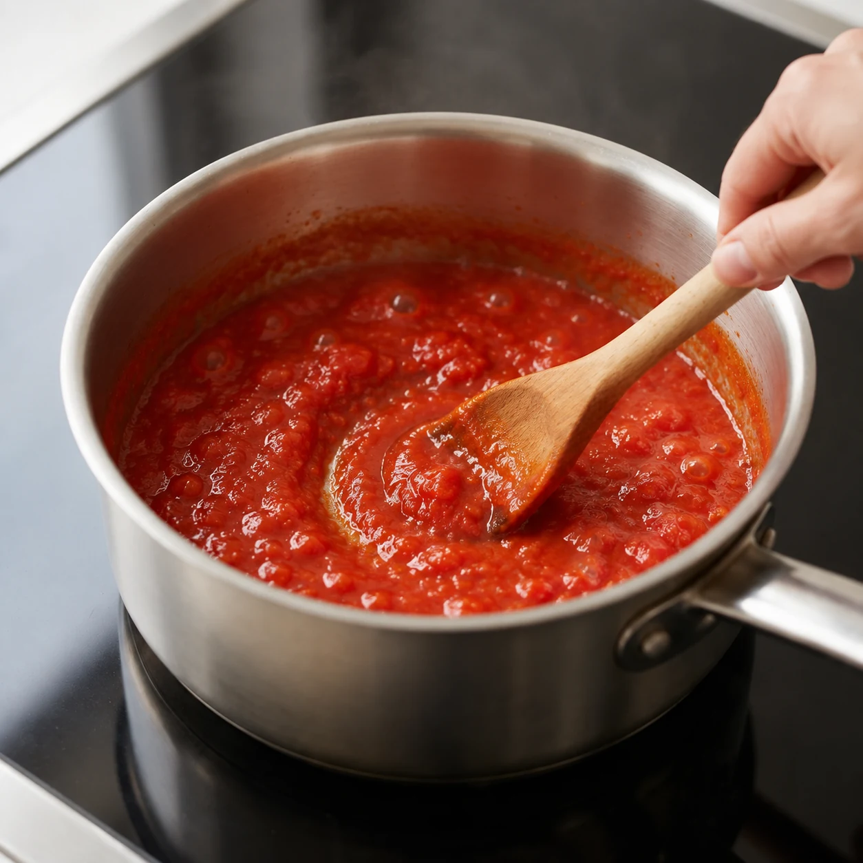 Tomato sauce returning to a gentle simmer