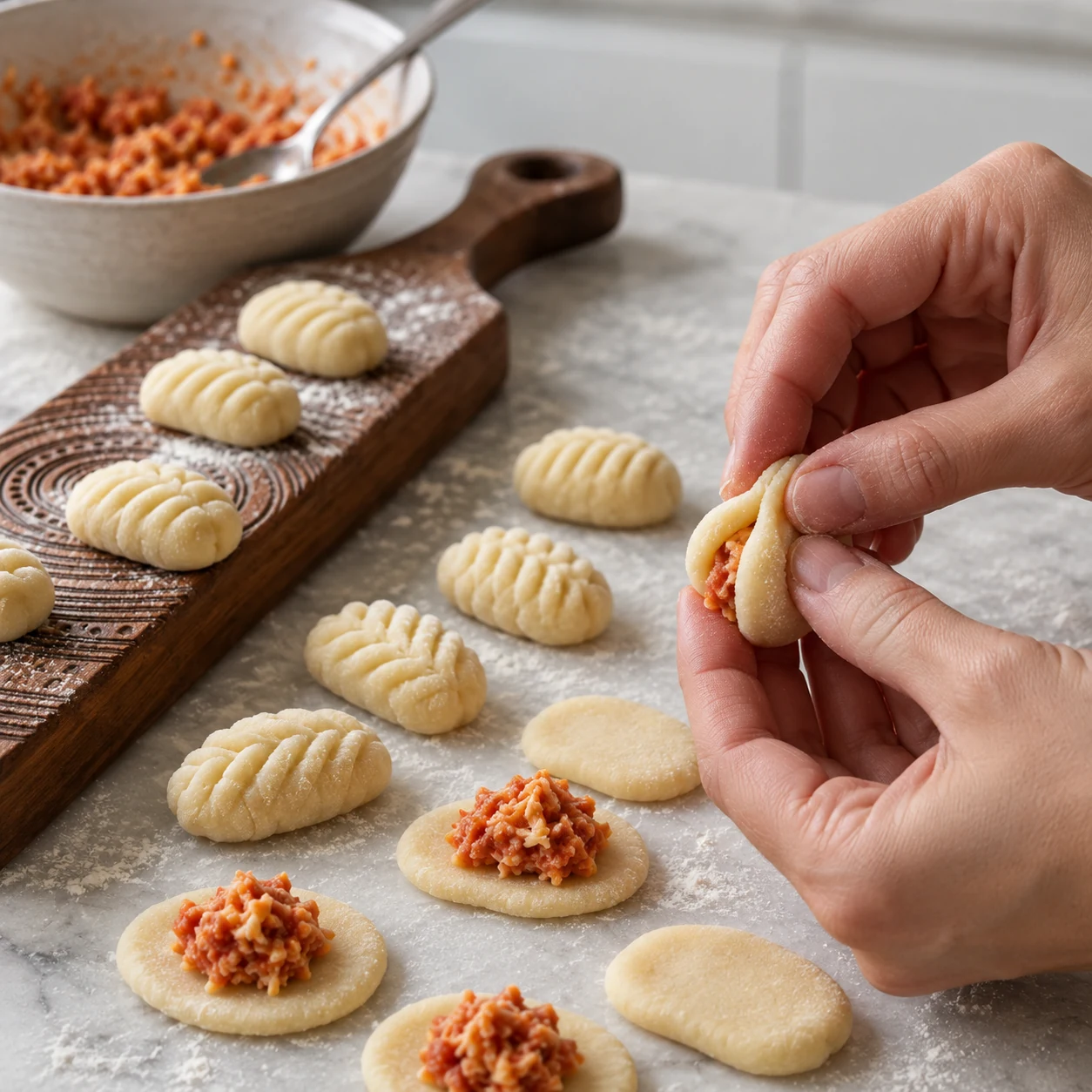 Two pieces of dough being sealed around nduja filling