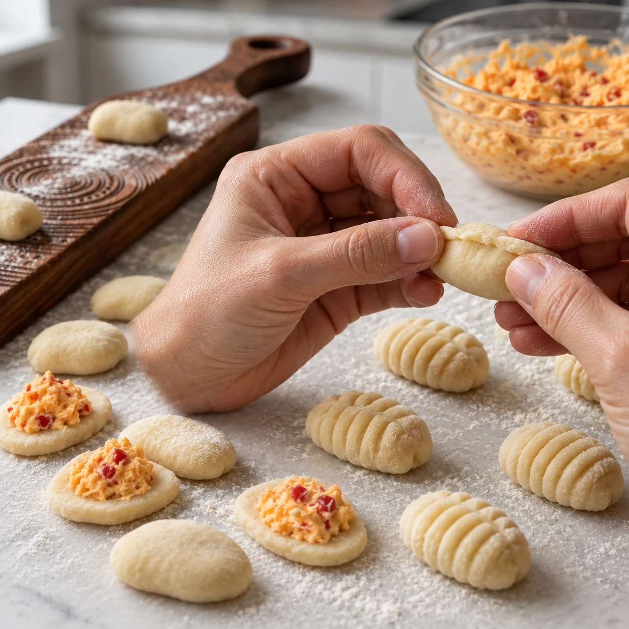 Two pieces of dough being sealed around pimento cheese filling