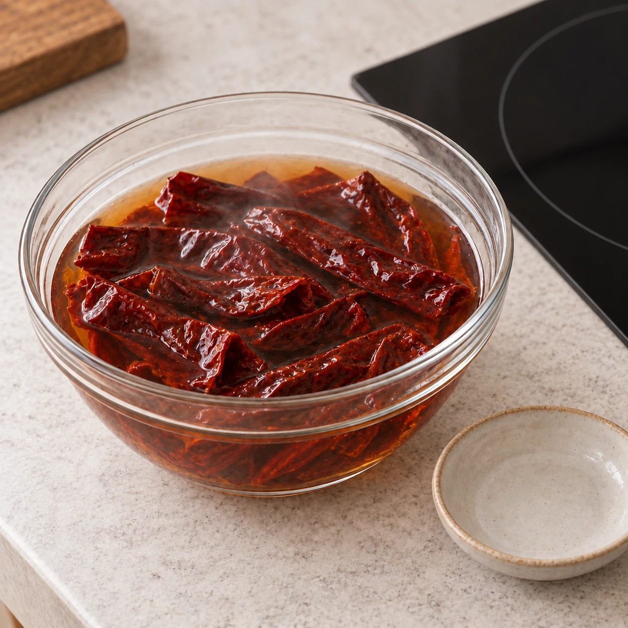 Dried red chiles soaking in hot water in a glass bowl